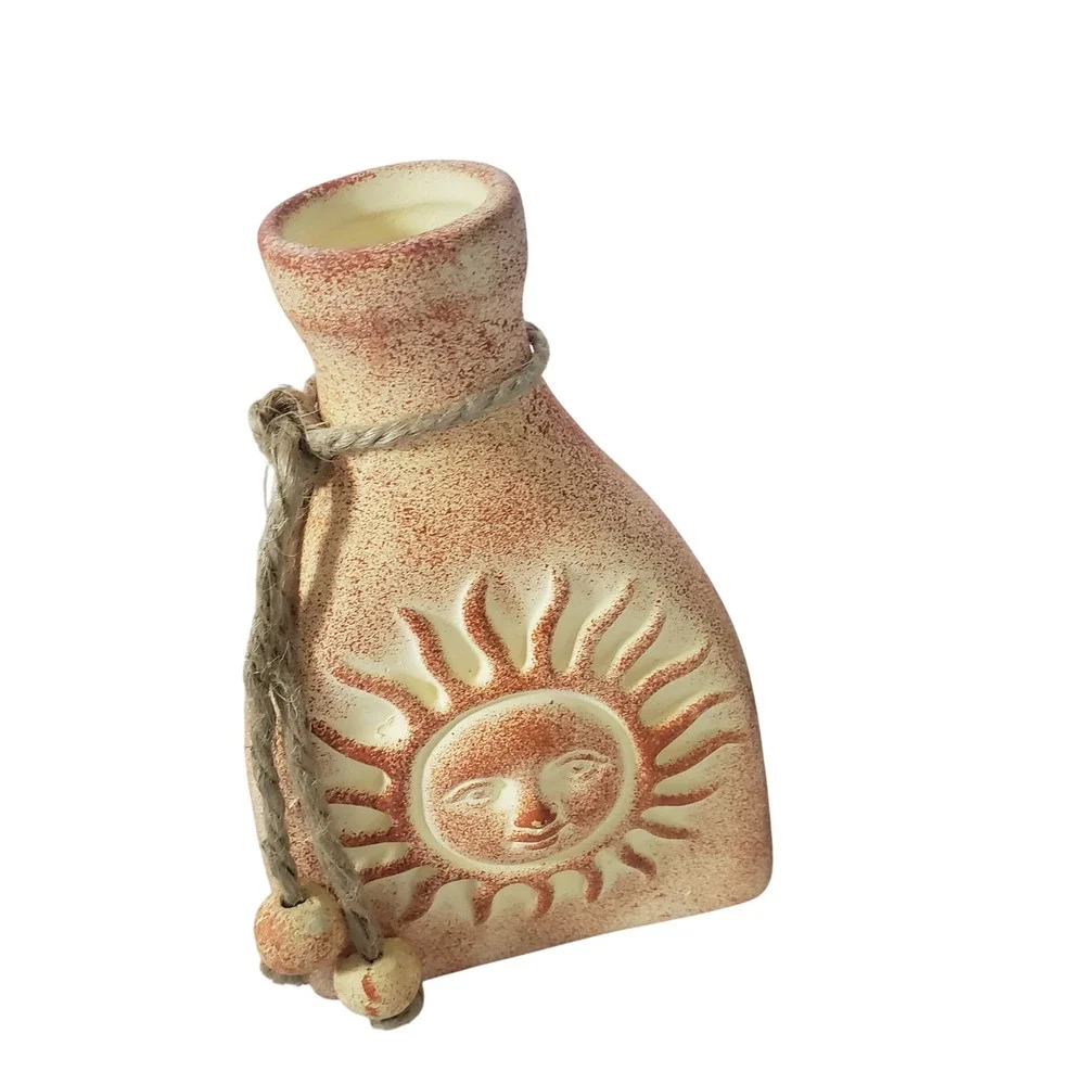 Vintage Terracotta Sun Face Bud Vase Rustic Celestial Boho Decor with Jute Rope
